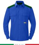 Zweifarbiges Mehrzweckhemd, Druckknopfverschluss, zwei Brusttaschen, farbige Einsätze an Schultern und Innenkragen, zertifiziert nach EN 1149-5, EN 13034, UNI EN ISO 14116:2008, Farbe koenigsblaublau und rot RU801APLT54.AZV